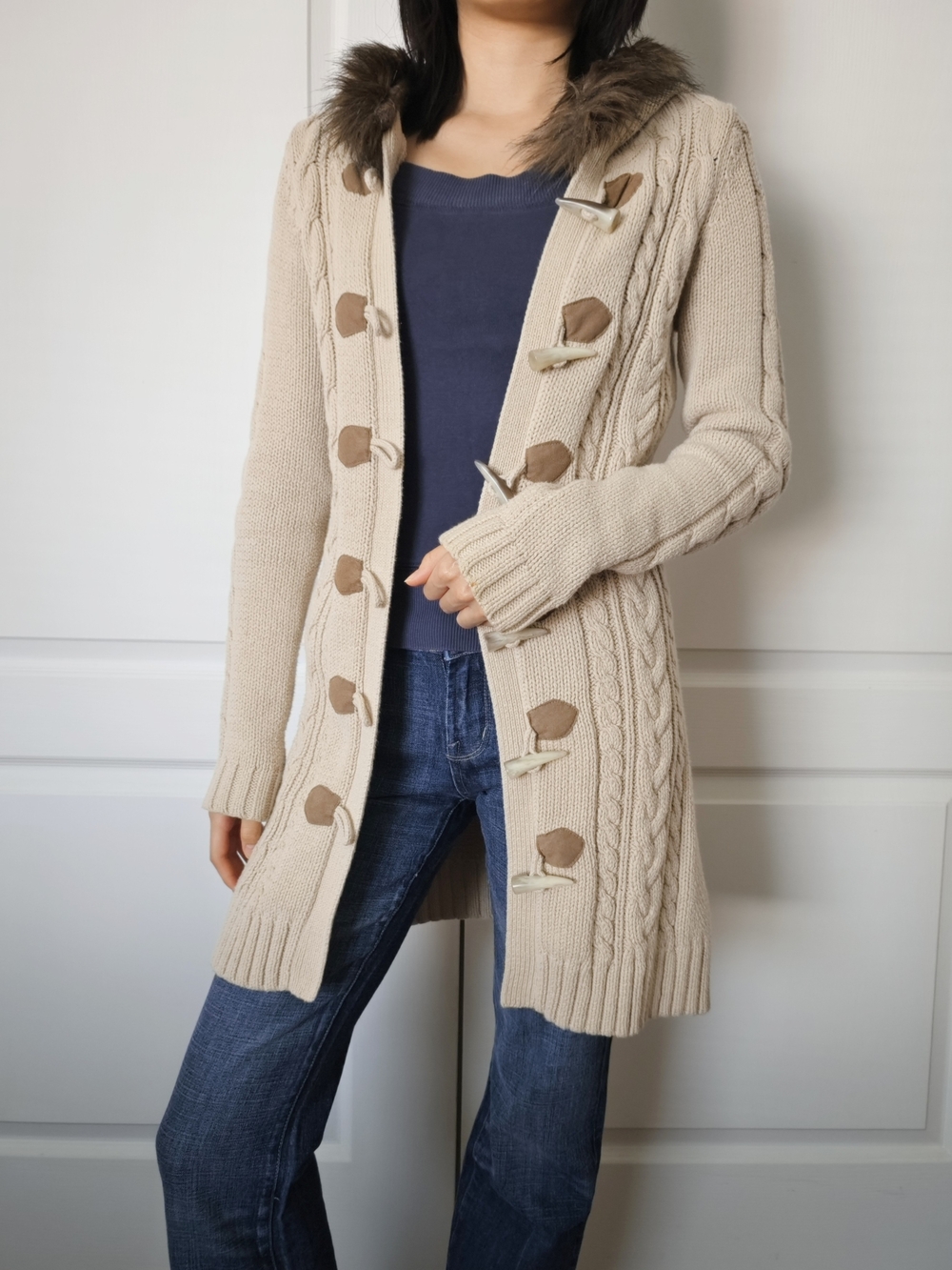 Esprit Cable-Knit Hooded Toggle Cardigan Sweater for women